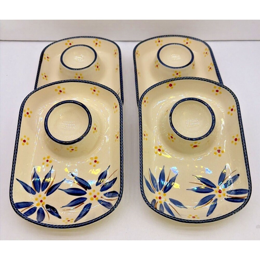 Set of 4 Temp-Tations Tara Old World Blue Snack-Egg Caddy Ceramic 6 3/4" Long